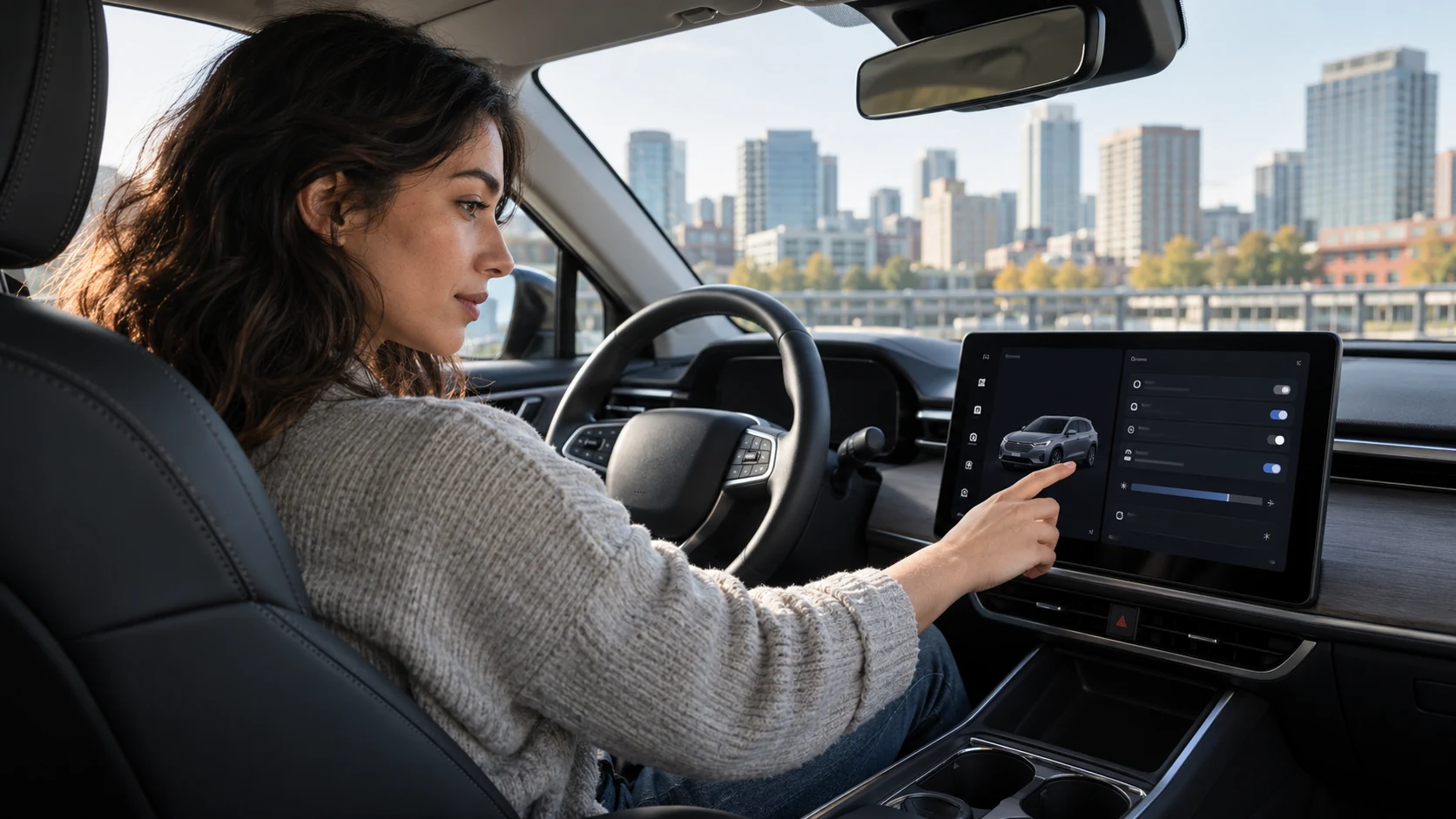 A driver examining software controls in a parked car