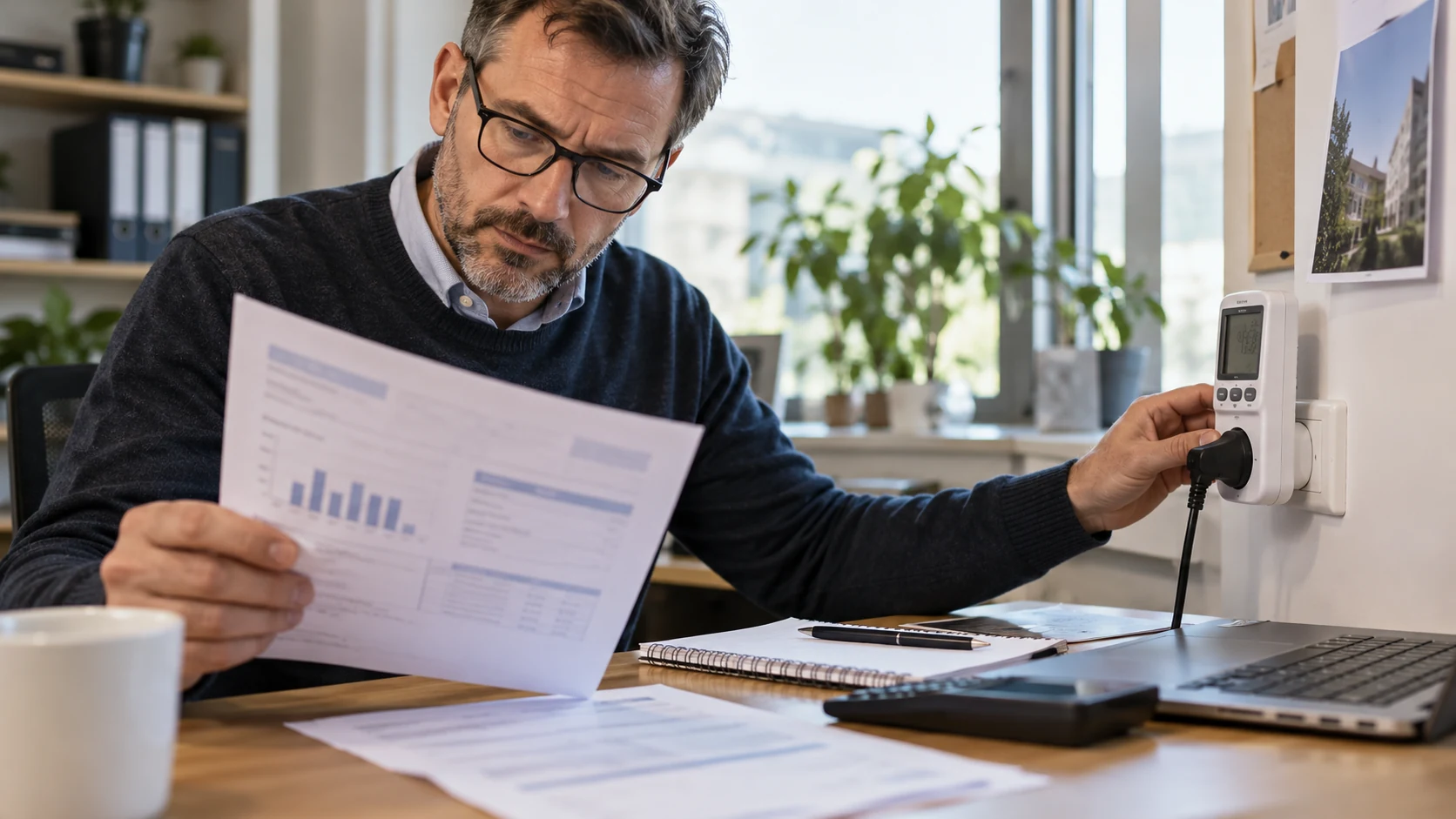 A person reviewing an energy bill beside a power meter