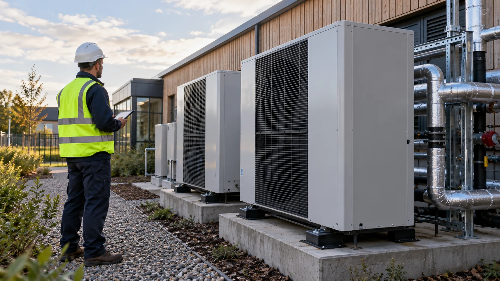 An engineer inspecting an outdoor heat-pump installation