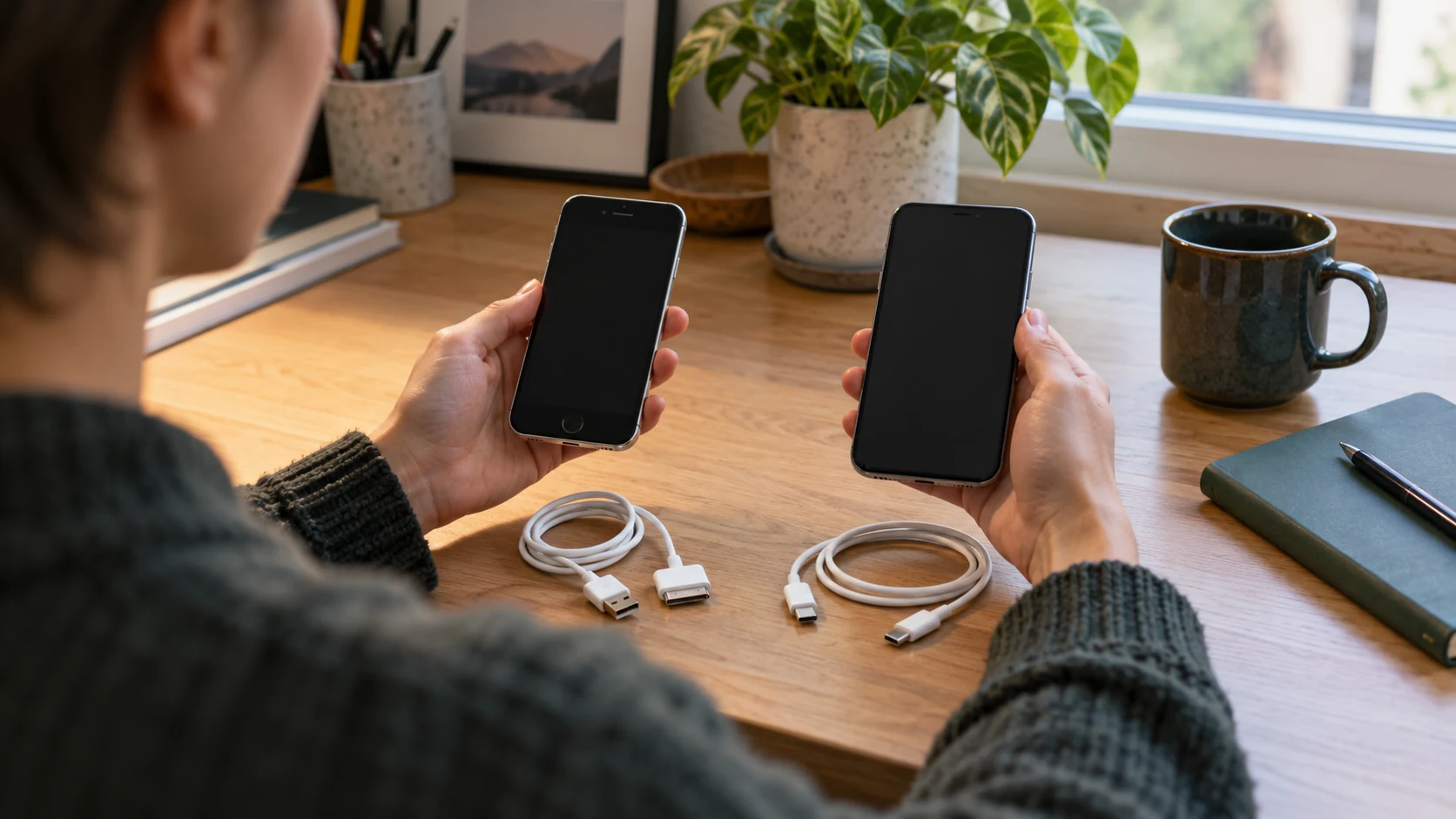 A person comparing two phones and charging cables