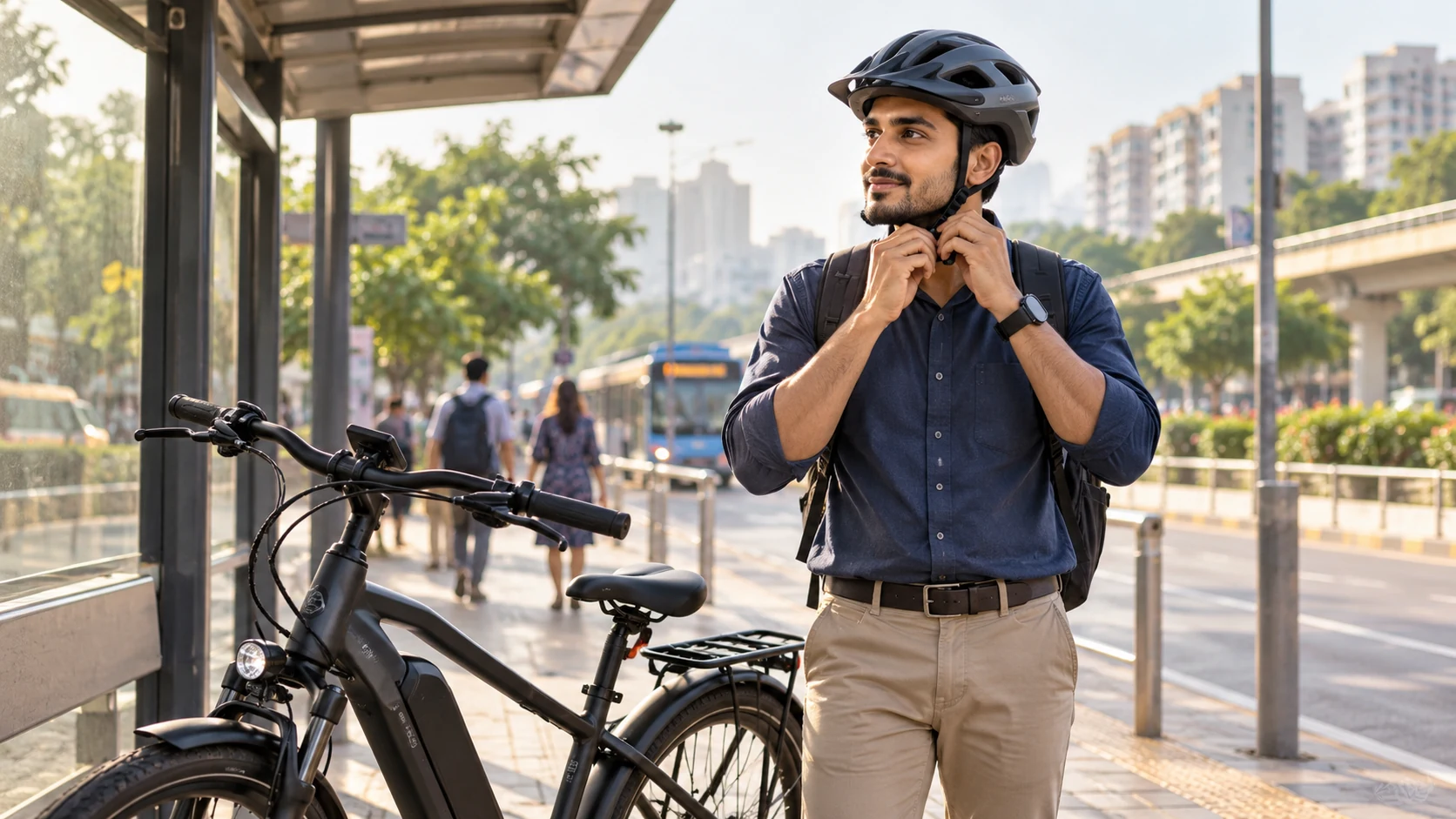 A commuter fastening a helmet beside an electric bicycle