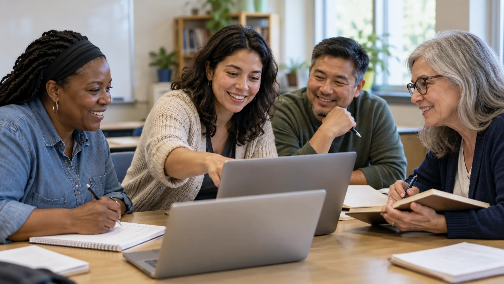 Adult learners discussing a course exercise