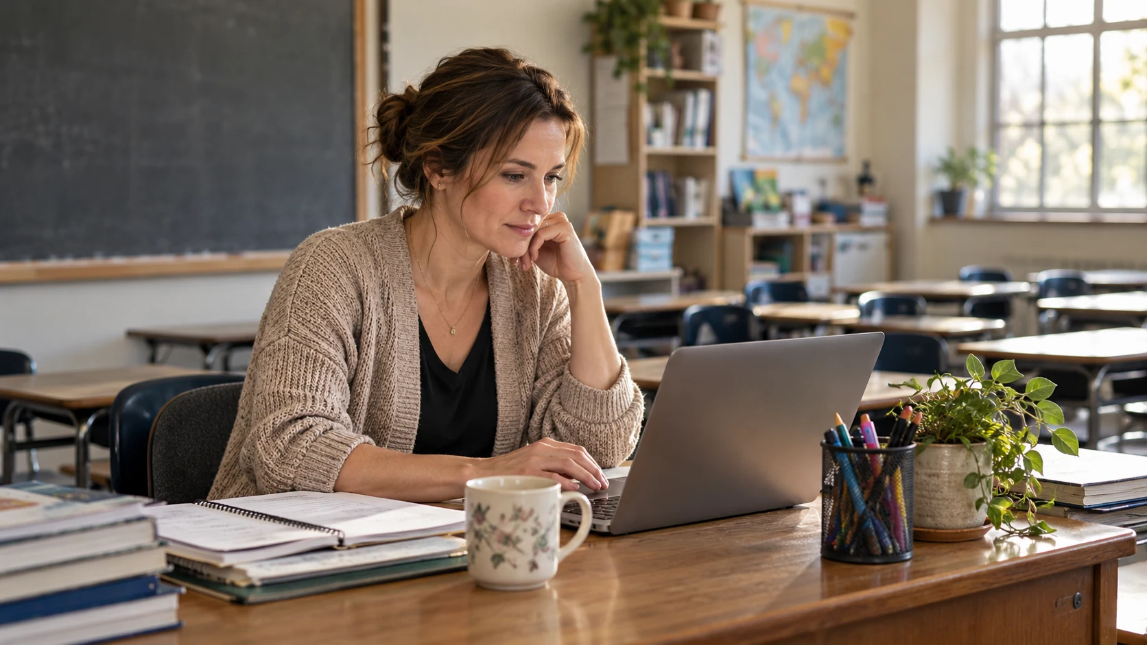 A teacher preparing a lesson on a laptop in an empty classroom
