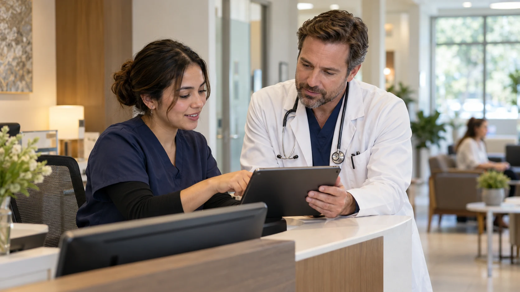 Clinic staff reviewing a scheduling screen
