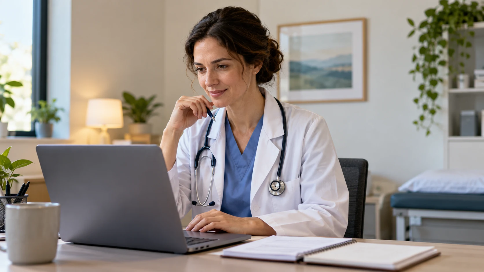 A clinician preparing a laptop for a remote appointment