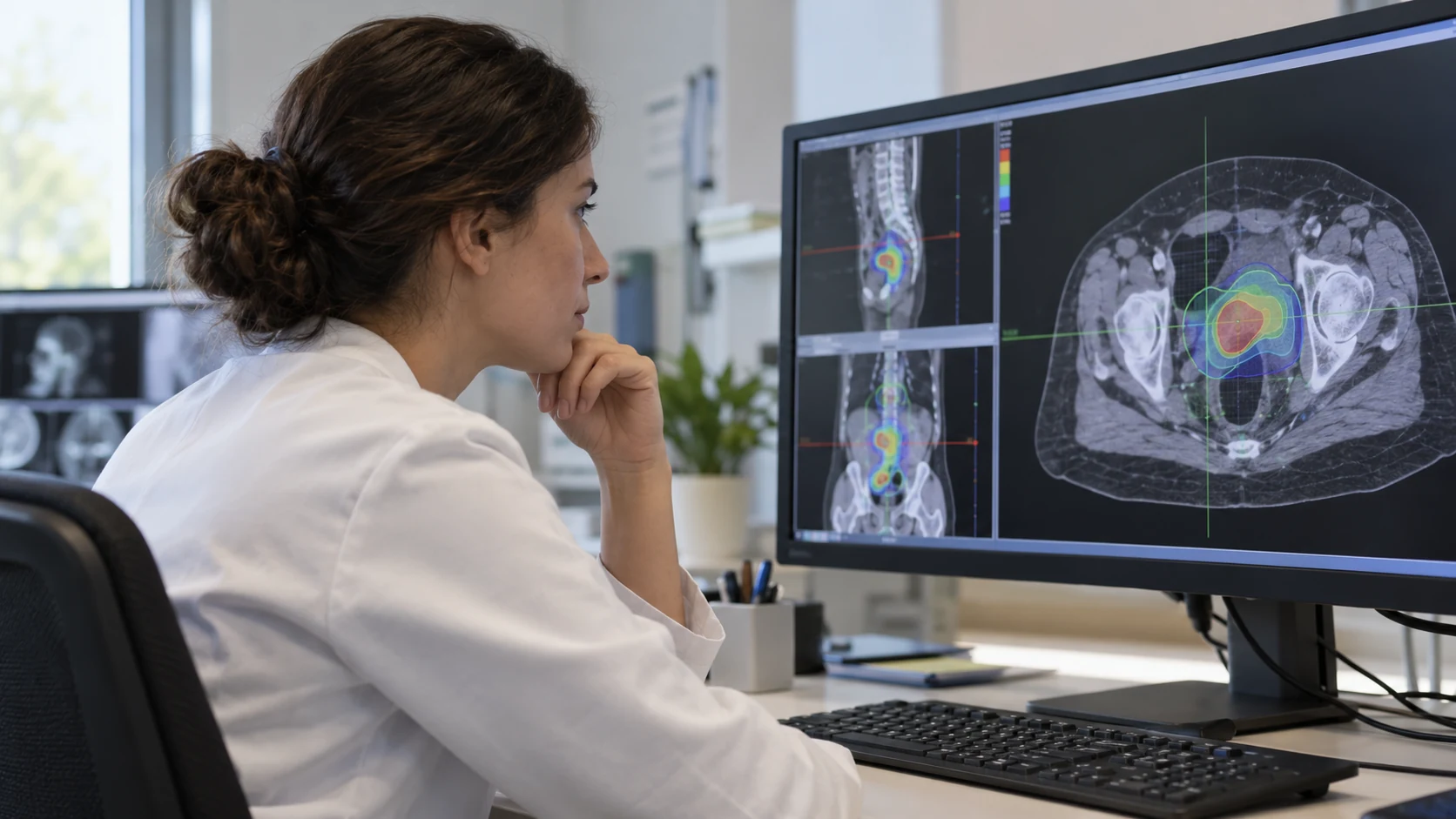 A clinical specialist reviewing illustrative radiotherapy planning screens