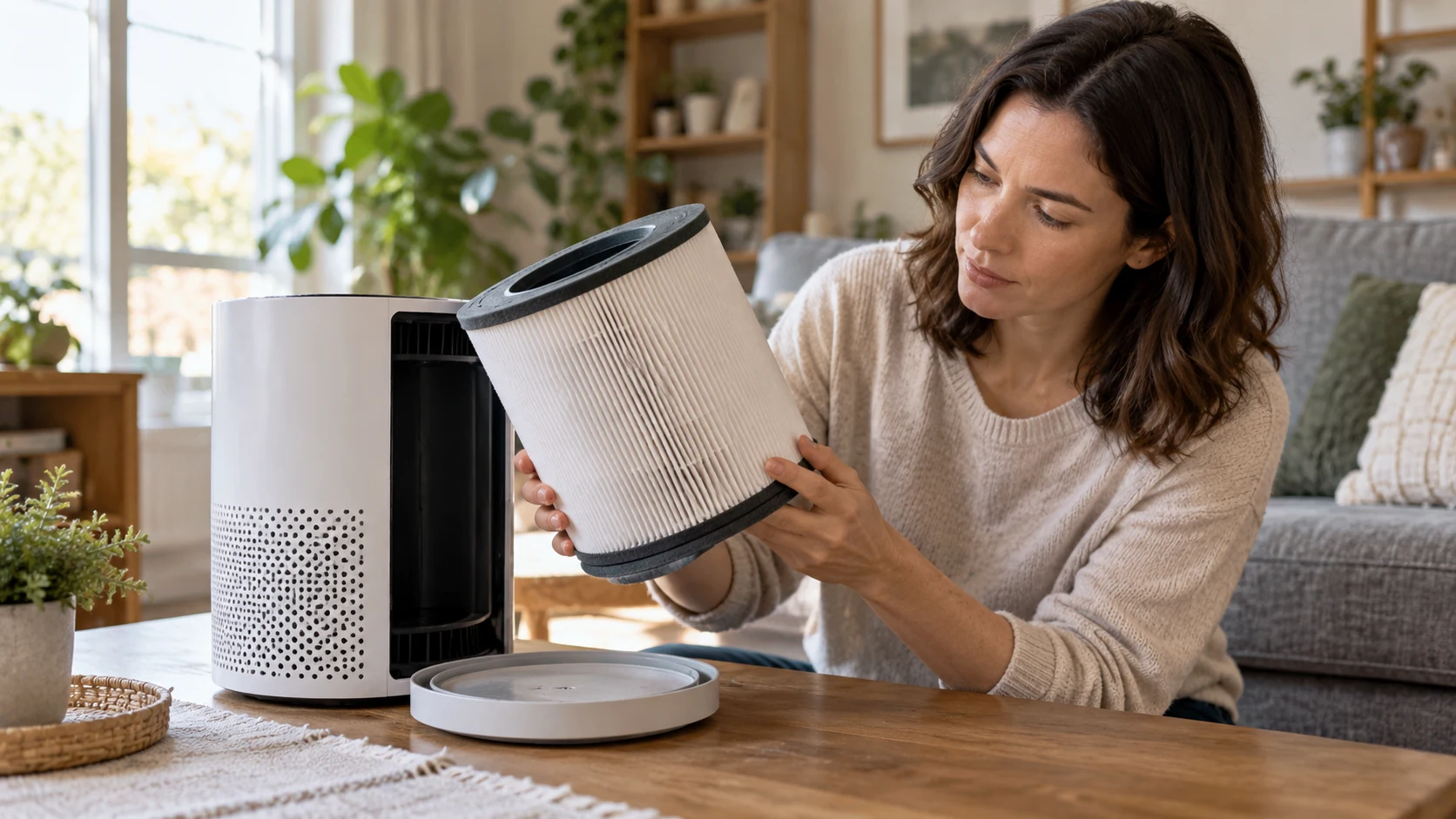 A homeowner examining an air-purifier filter