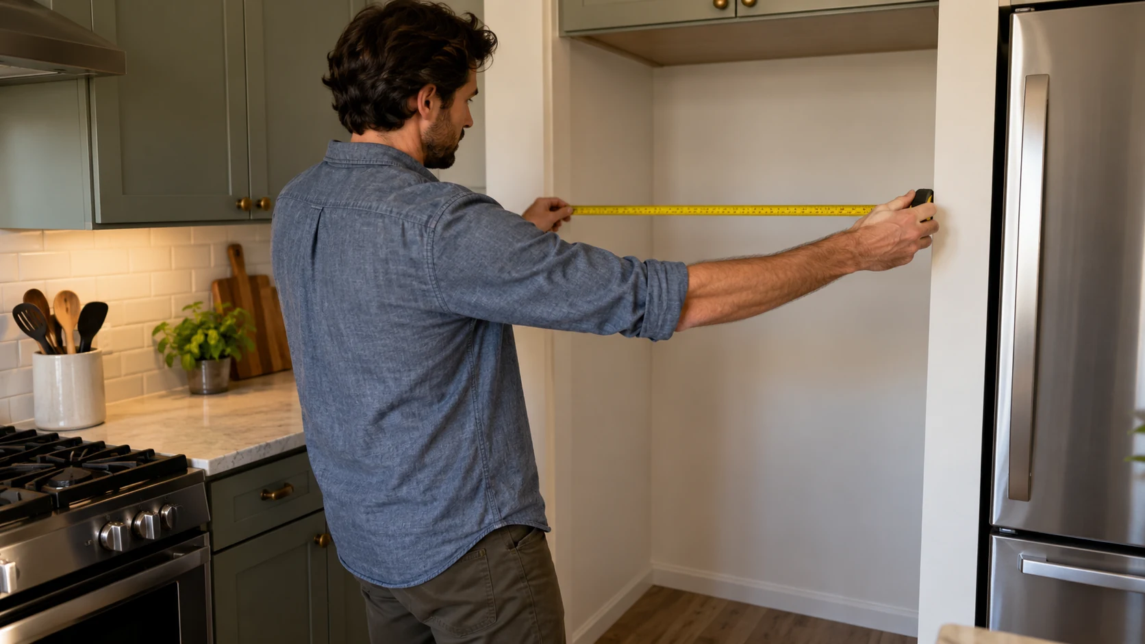 A person measuring space beside a refrigerator