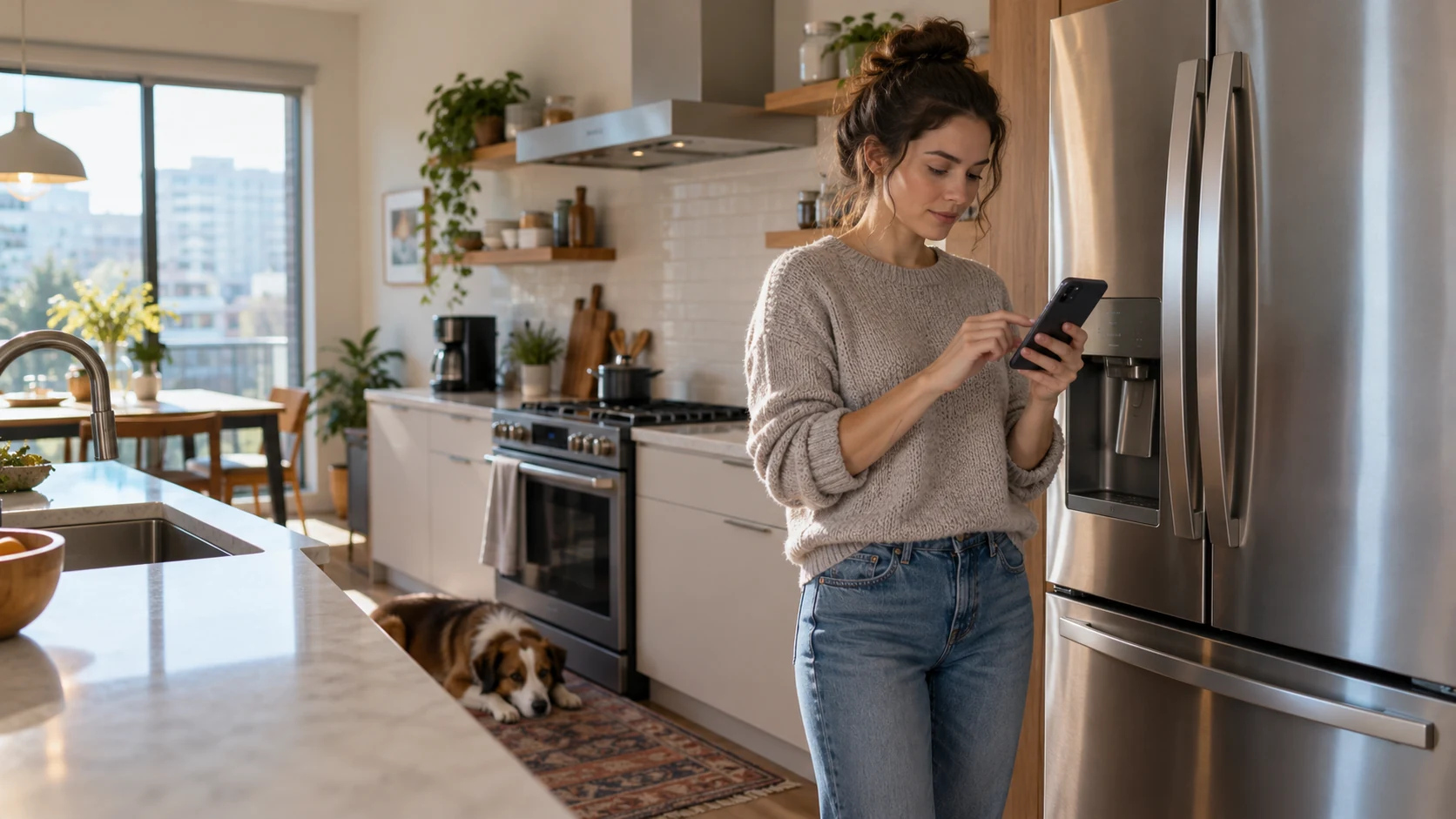 A person checking a phone beside connected kitchen appliances