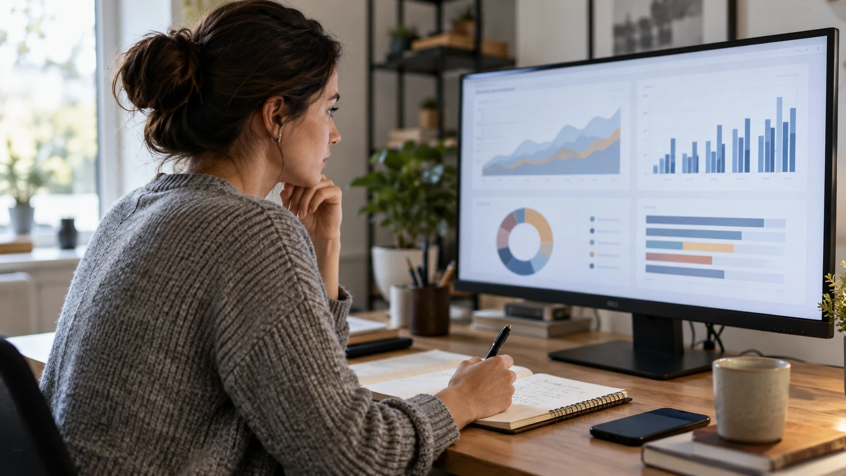 An analyst comparing notes with a marketing dashboard