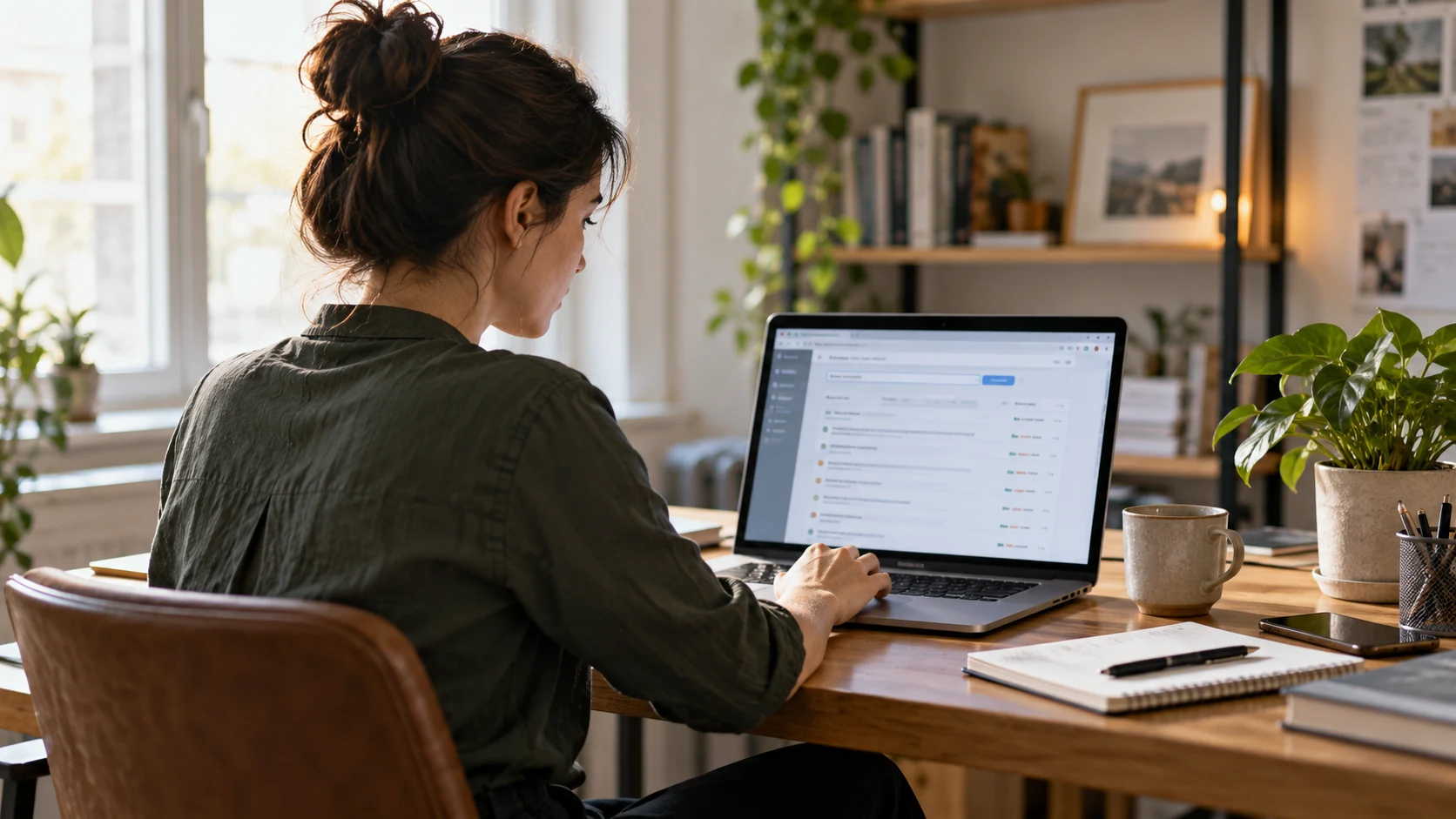 A digital marketer reviewing a website on a laptop