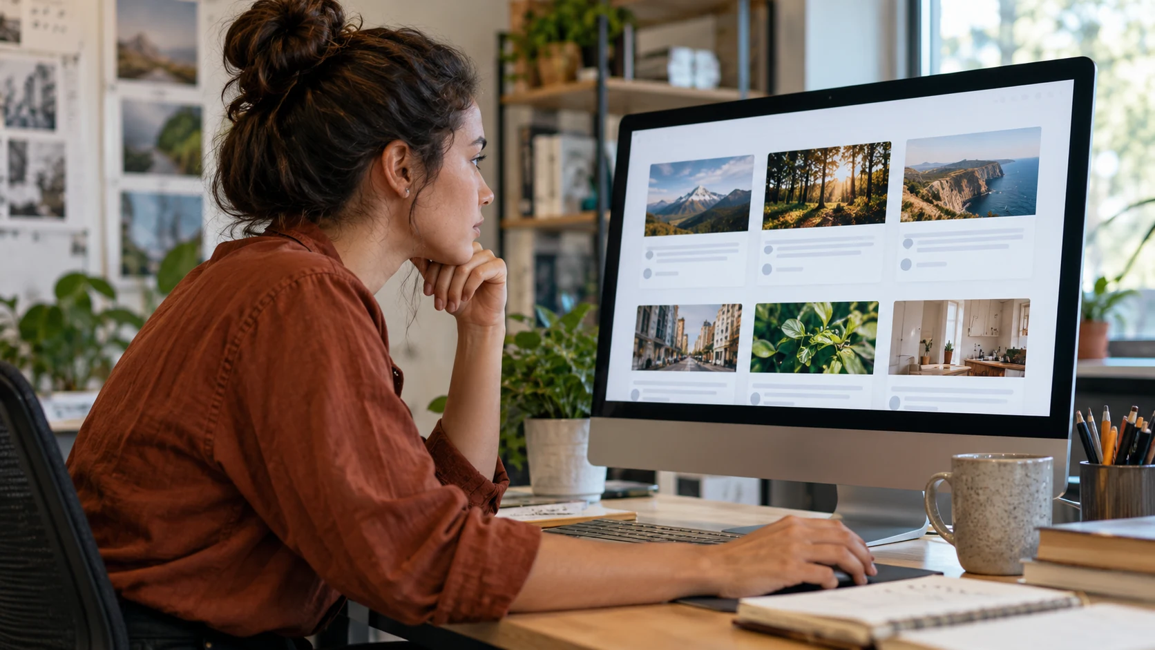 A web editor examining page previews on a monitor