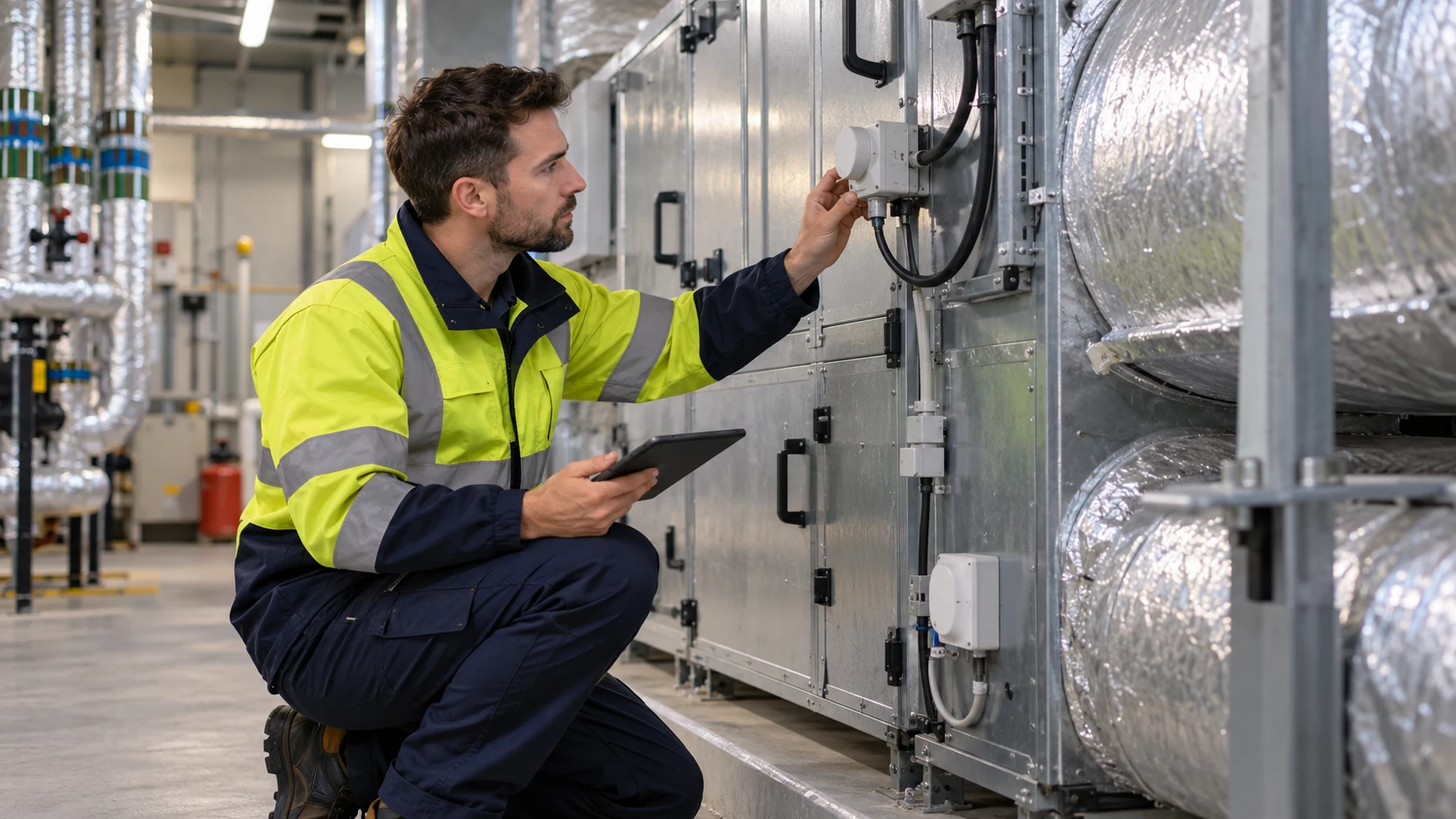 A facilities engineer checking equipment in a plant room