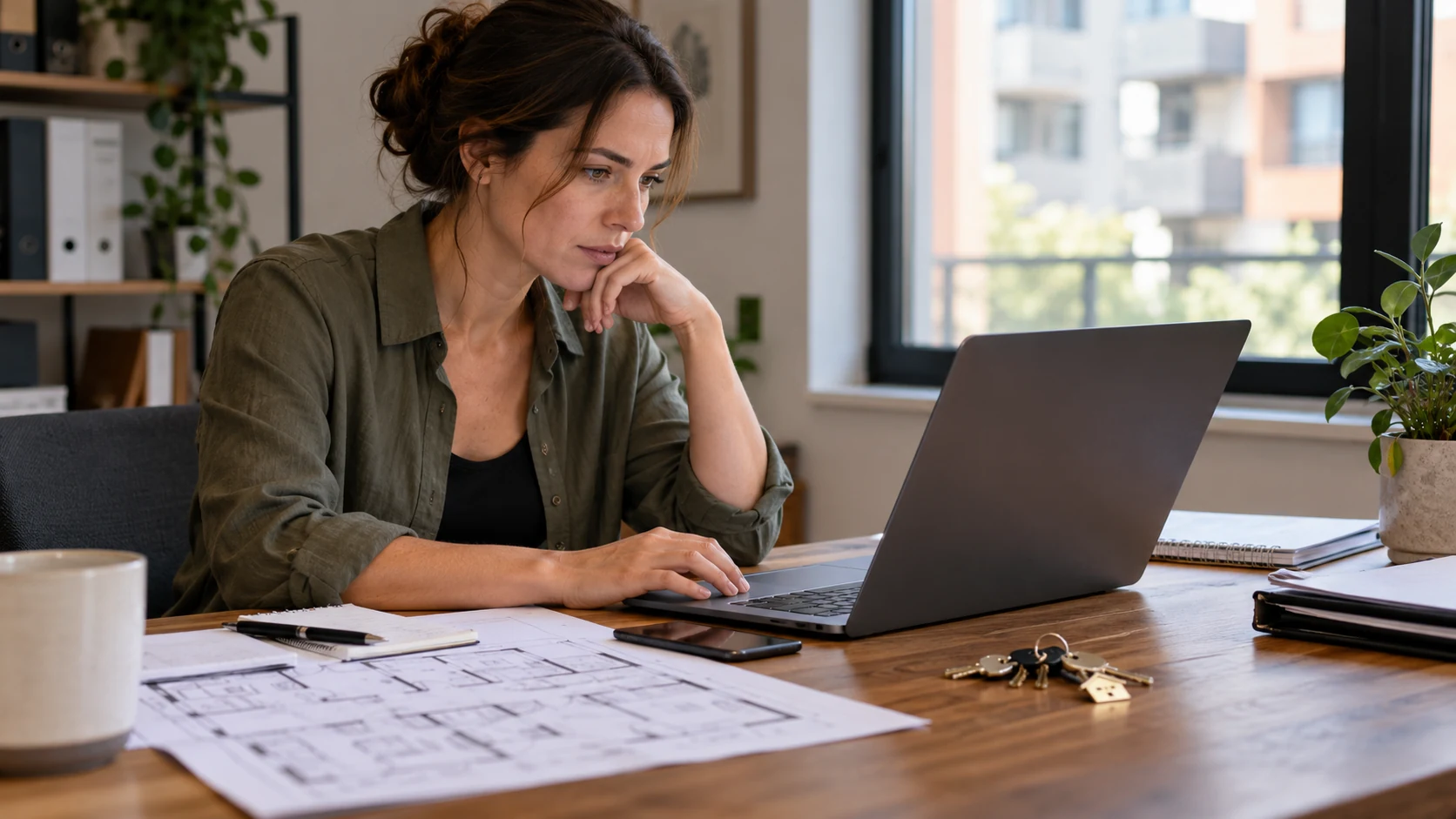 A property manager reviewing requests beside keys and plans