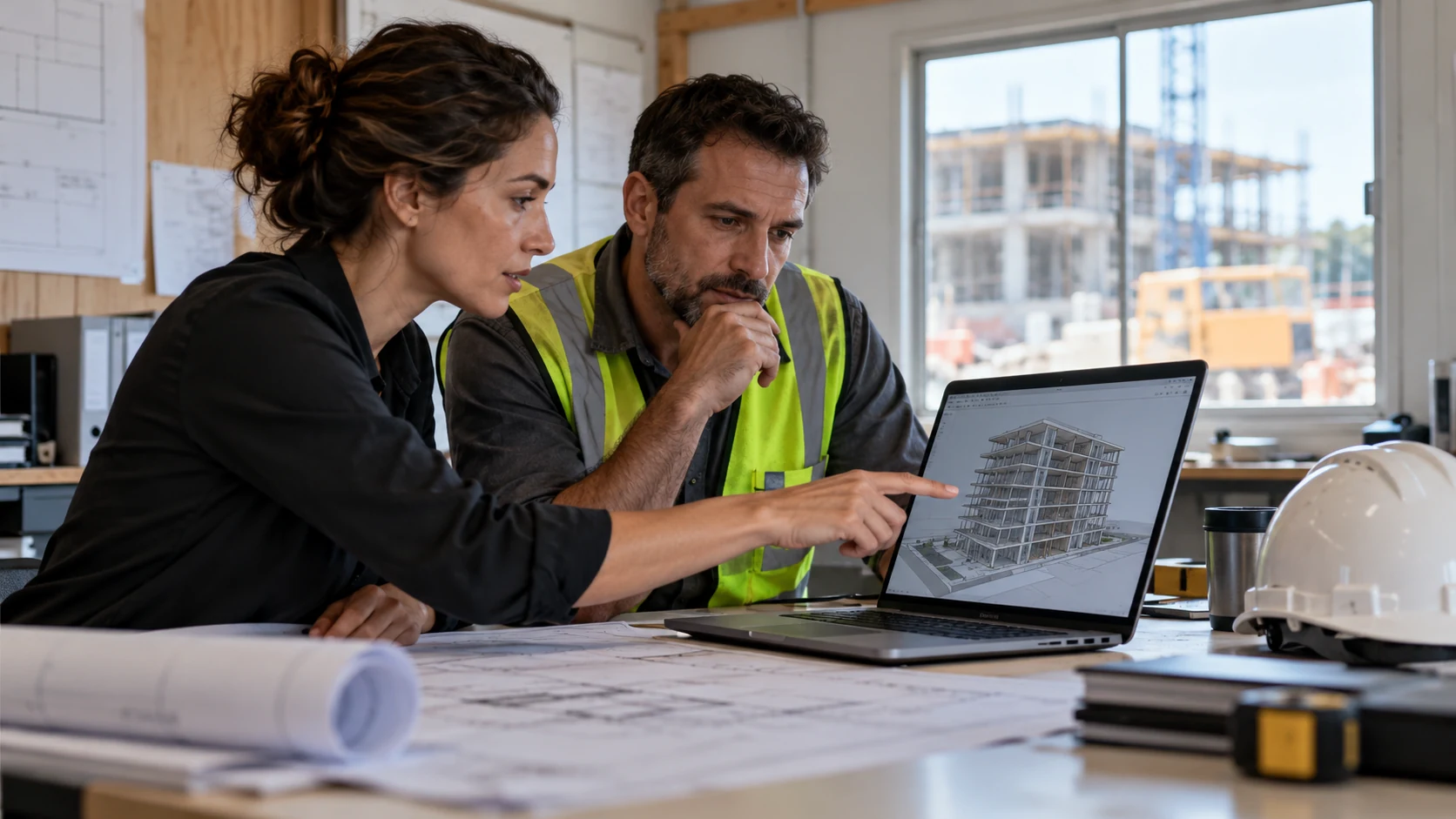 Construction professionals discussing a building model on a laptop