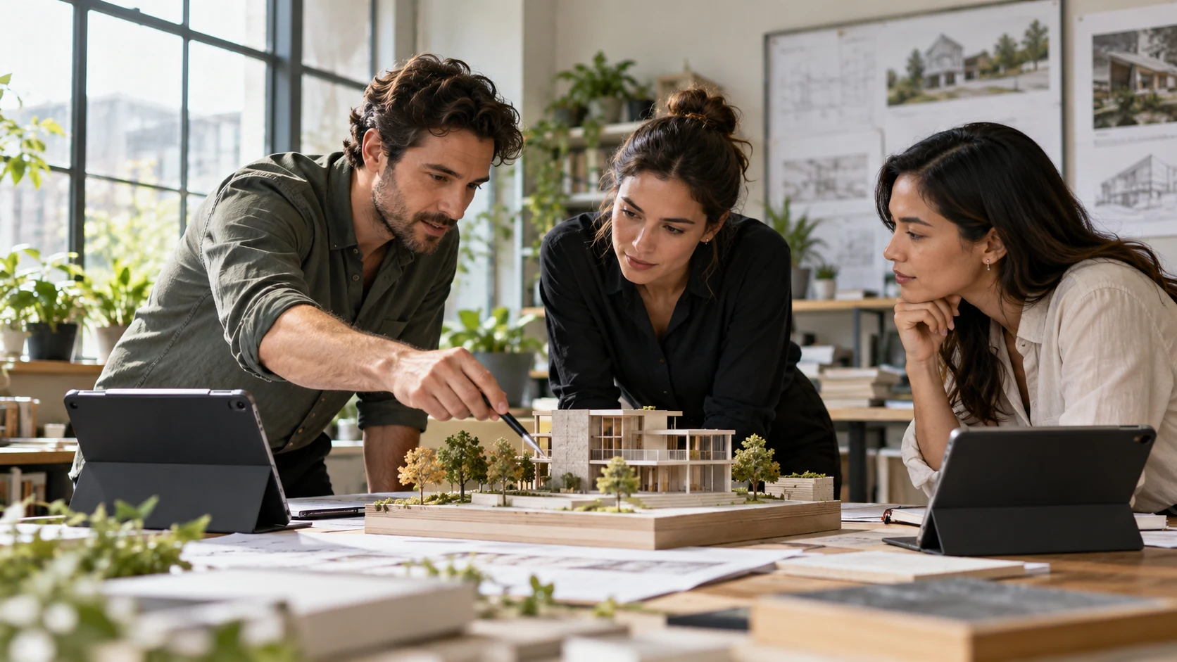 Architects examining a small physical building model